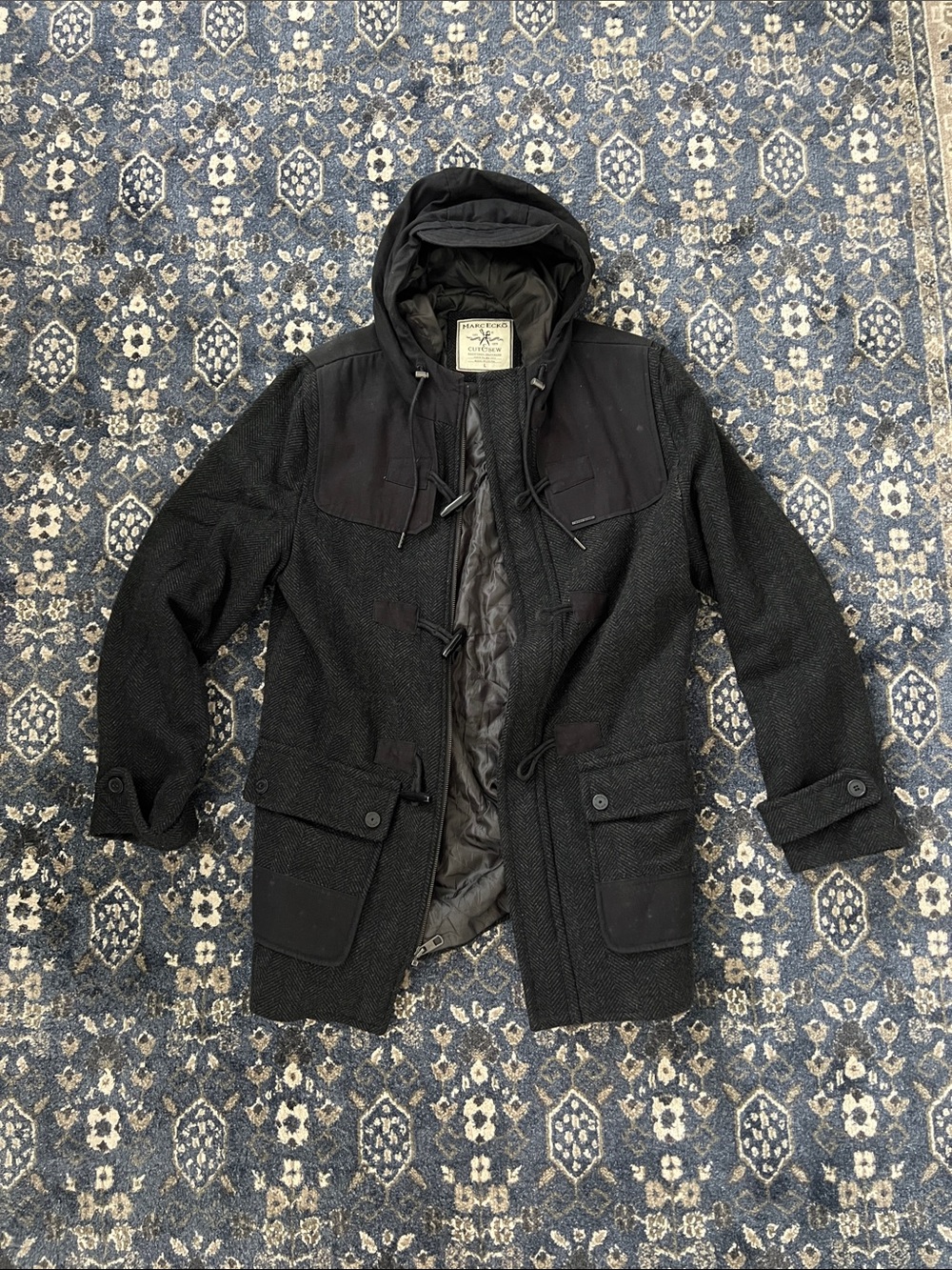 Marc Ecko Men's Black Hooded Trench Coat with Toggle Closures